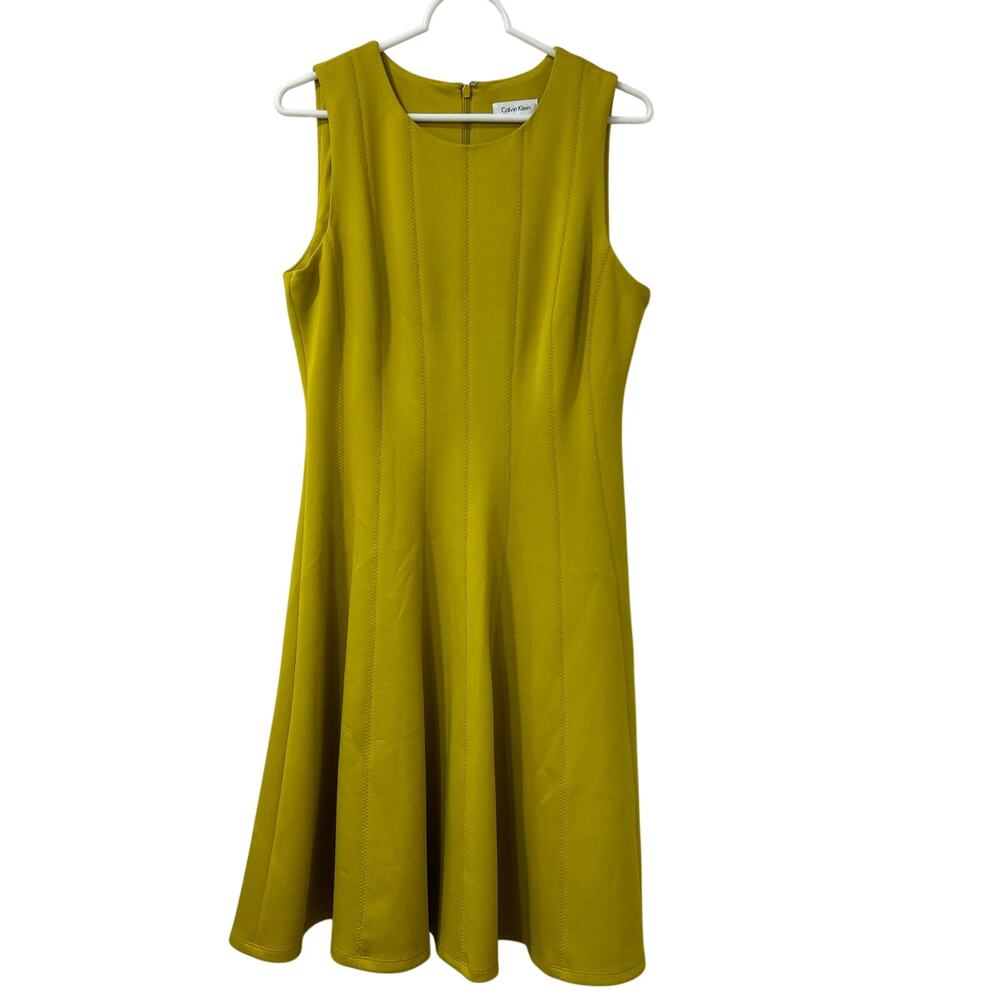 Calvin Klein Womens Sz 10 Chartreuse Sleeveless A Line Dress Front Seams Office